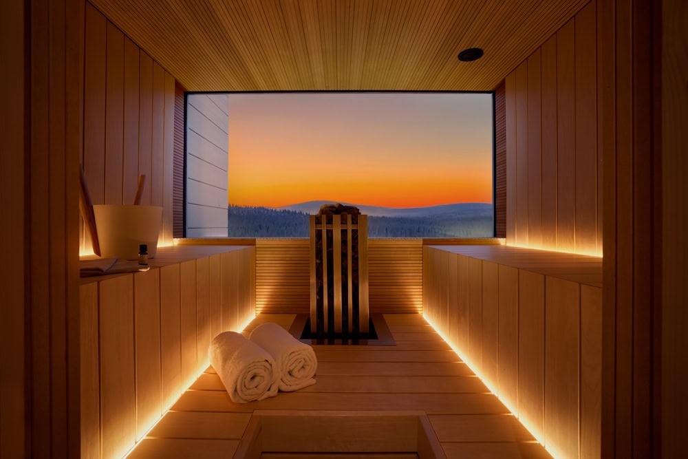 A sauna cabin at dusk